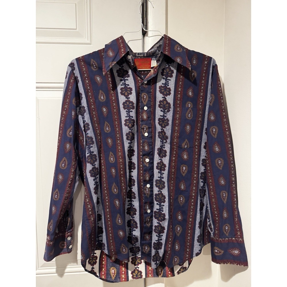 Vintage Sears Kings Road Paisley Striped Men's Button Up Shirt L Retro 70s